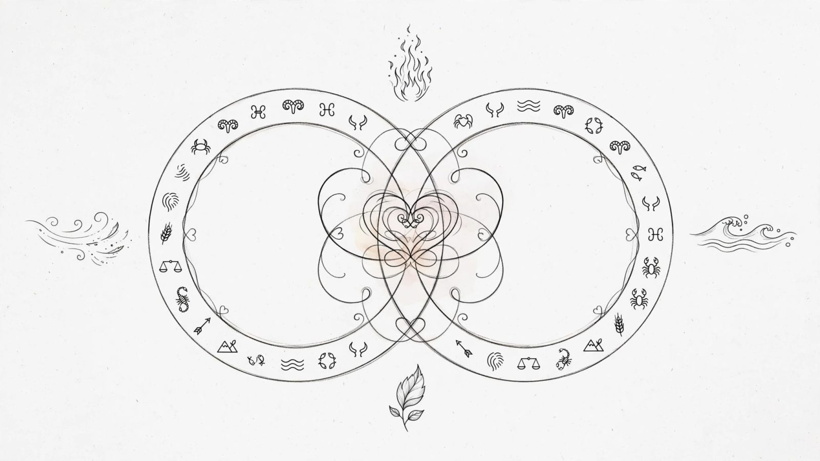 Propojené kružnice znamení se symboly plamene, vlny, listu a vánku.