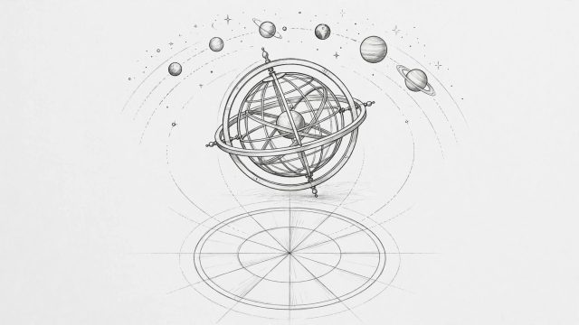 Kresba armilární sféry s planetami nad astrologickou mapou.