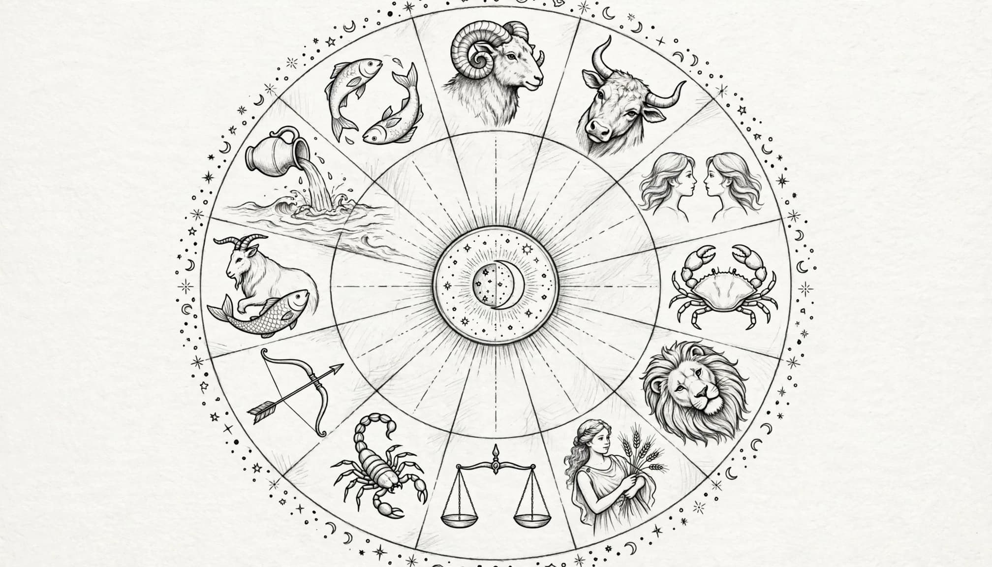 Kresba kruhového zvěrokruhu s dvanácti astrologickými znameními na bílém podkladu.