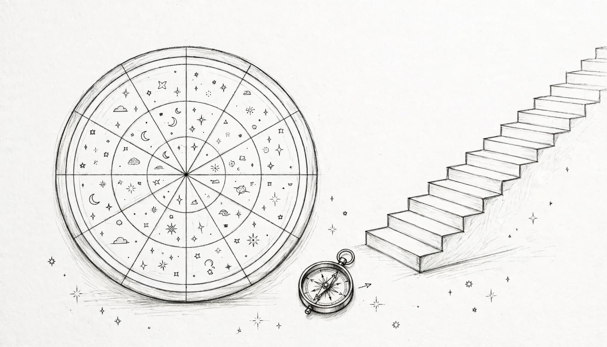 Ručně kreslená tužková ilustrace astrologického grafu, kompasu a stoupajících schodů na bílém podkladu.