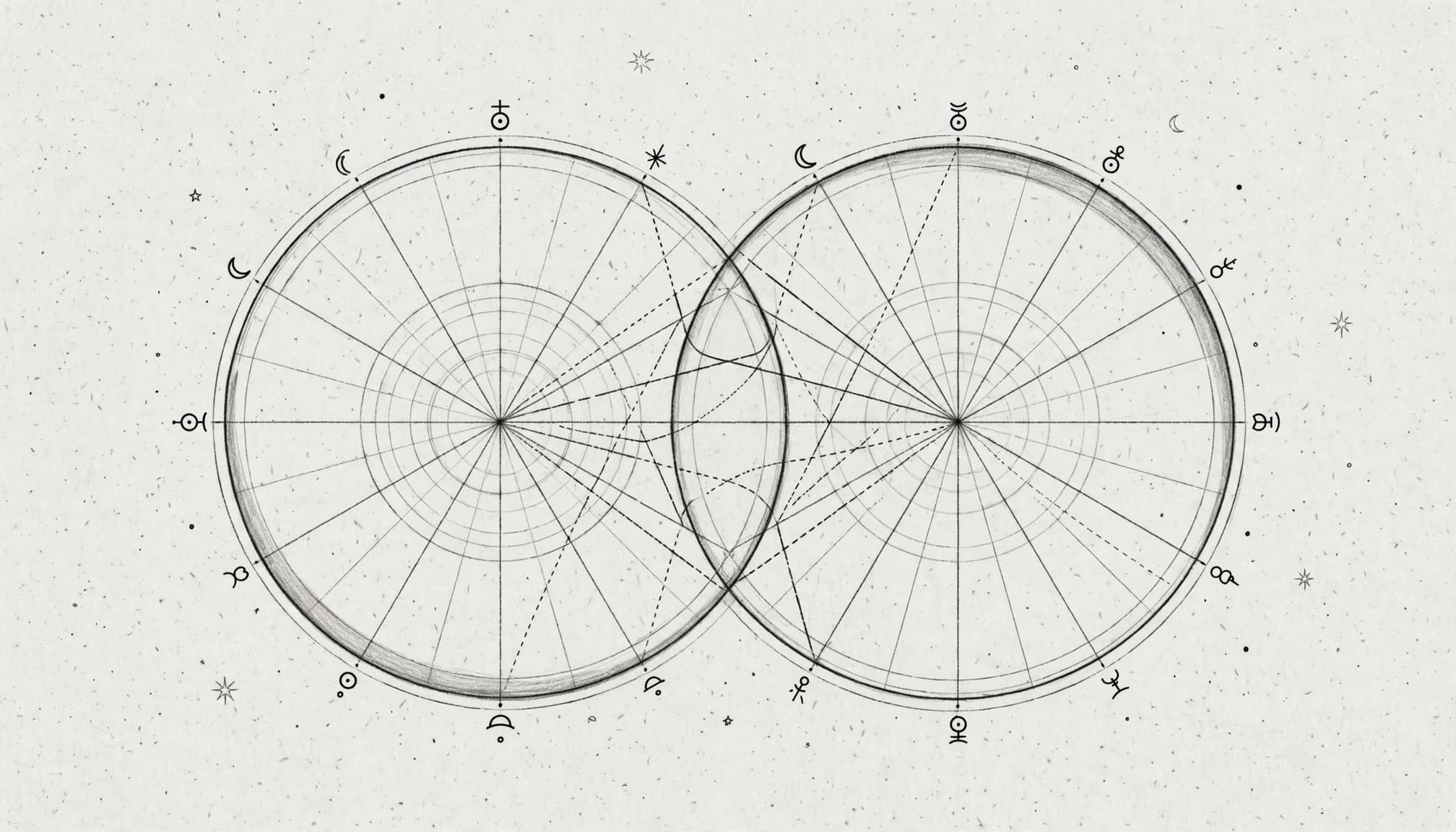 Detail dvou překrývajících se kruhových astrologických grafů na světlém papíru.