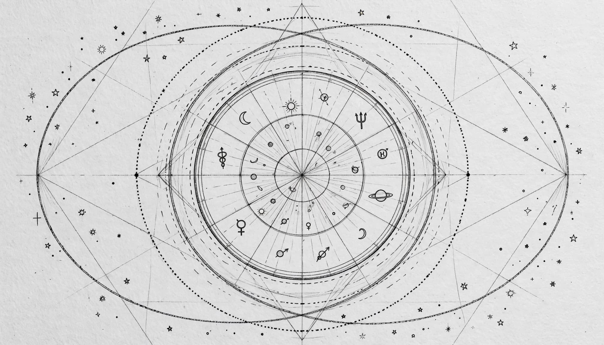 Ručně kreslený astrologický graf s planetárními symboly a oběžnými dráhami na papíře.
